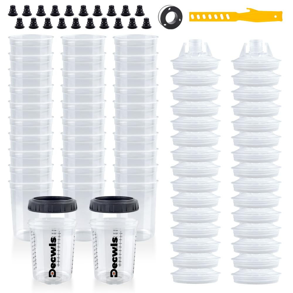 Photo 1 of ***VERY FLEXIBLE PLASTIC***Disposable Paint Cups 6 Ounce(165ml), Mini Paint Mixing Cups with Lid and 30 Pack Paint Cup for Automotive Spray Gun, 125-Micron Filter, 2 Hard Cup with Retainer Ring, 20 Plugs, 1 Stirrer, 1 Seal Tape***VERY FLEXIBLE PLASTIC***
