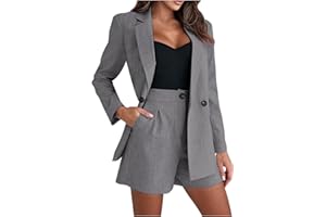 HGps8w Summer 2 Piece Outfits for Women Dressy Linen Open Front Long Sleeve Blazers Matching Shorts Business Suit Sets