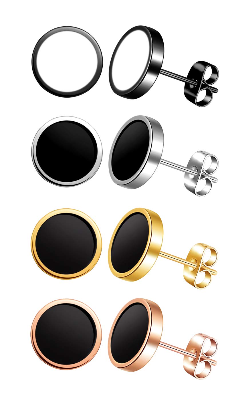 Stainless Steel Round Stud Earrings for Men Women - Silver Black/Gold Black/Rose Gold Black/Black White 4 Pairs Set