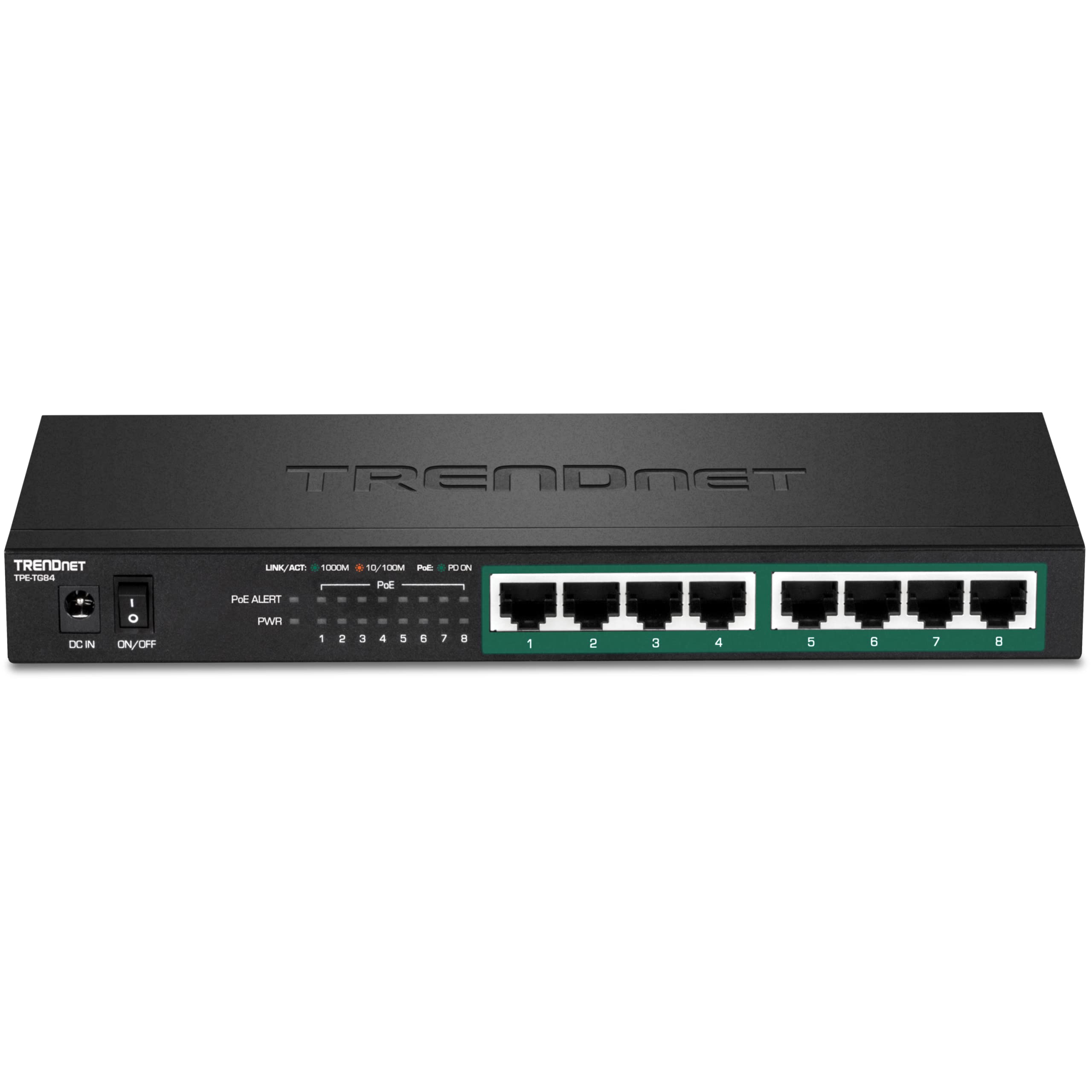 TRENDnet 8-Port Gigabit PoE+ Switch, 120W PoE Power Budget, 16Gbps Switching Capacity, IEEE 802.1p QoS, DSCP Pass-Through Support, Fanless, Wall Mountable, Lifetime Protection, Black, TPE-TG84