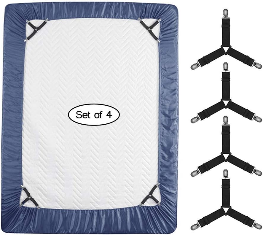 Roomir 4PCS Bed Sheet Fasteners, Adjustable Triangular Bed Sheet Holder Straps for Corners, with Sheet Clips Keeping Sheets in Place, Elastic Grippers Suspenders for Mattress, Sofa, Cushion etc.: Home & Kitchen
