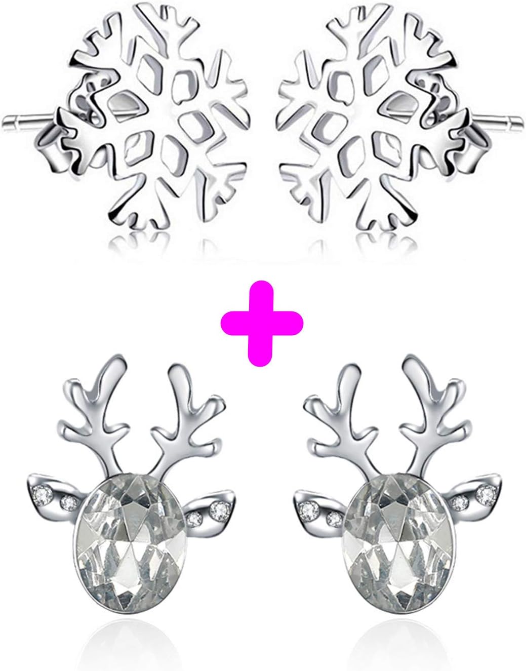 PPX 2 Pairs Women's Earrings Fashion Elk Antlers with Jewel and Charming Snowflake Design Earrings Silver Colour Valentine's Day New Year Girlfriend Mother Stud Earrings Jewellery Gifts