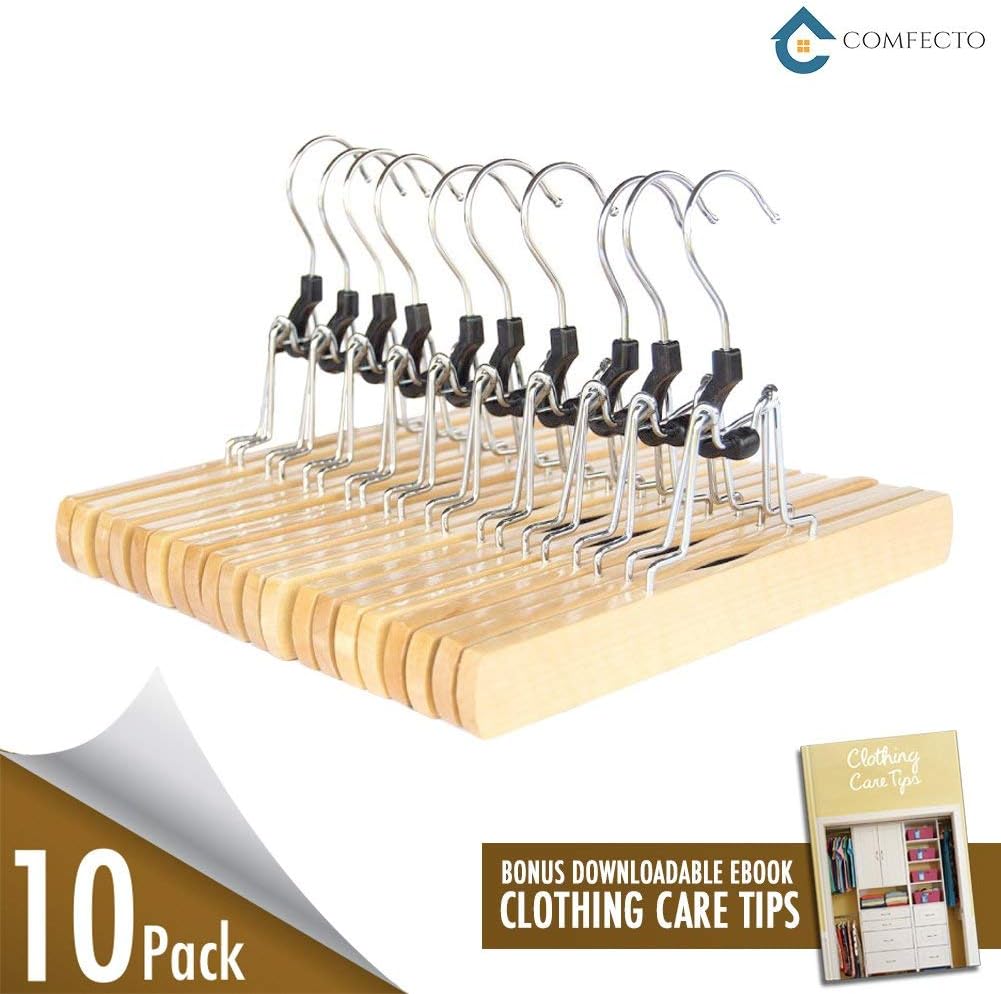 10 Pack Natural Solid Wooden Hanger Pants Hangers Collection with Non Slip Felt Strips Clamp No-Crease Slack Hangers for Skirt Trouser Jean with Swivel Steel Hook Natural Polished 11 inch with Ebook