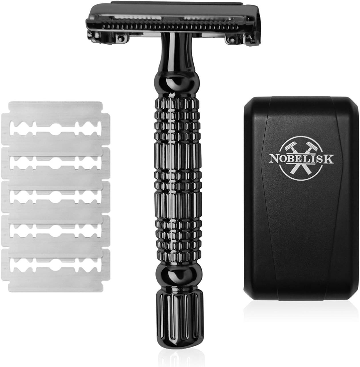 Nobelisk Premium Safety Razor with 5 Razor Blades | Sharp Wet Shaving with Double-Edged Shaver Head for Men | Shaver with Butterfly-Opening System for a Quick Change of Blade | Shaving Set with Blade