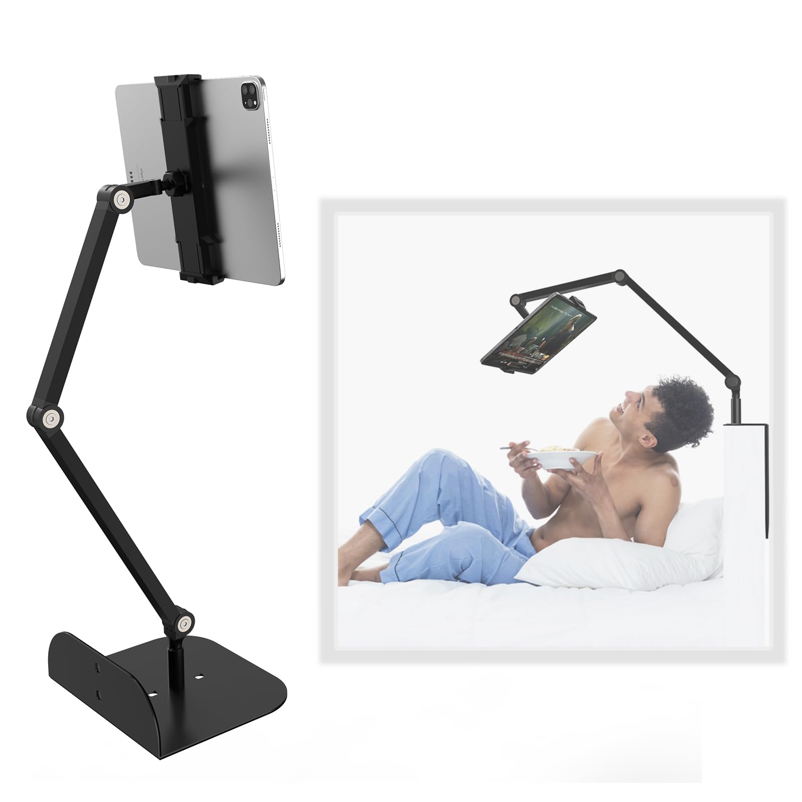 Photo 1 of WEGASTU Phone and Tablet Holder for Bed,Sofa and Desk Dual Use-Weight Base, Adjustable Arm Stretchable Stand, Compatible with IPad Mini Air Pro, Galaxy Tab, Kindle, Switch, Phone - Black
