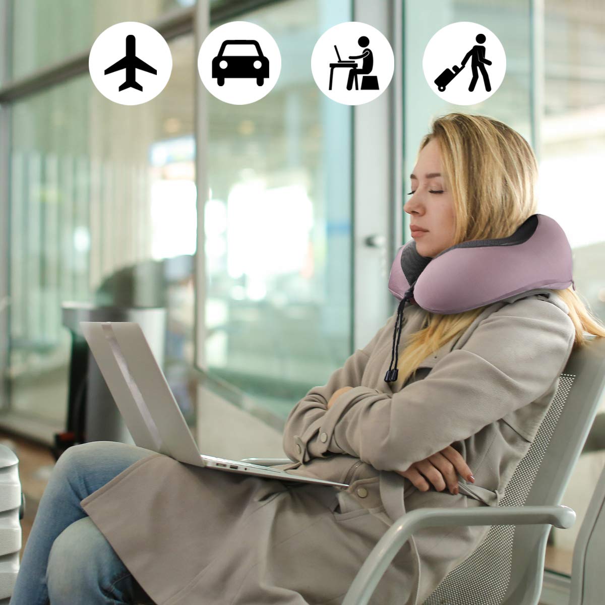 Almohada de Viaje, Keenstone Almohada para el Cuello Hecha de Espuma de Memoria Suave con Tapones para Los Oídos, Almohada Cervical con Función de Soporte Respirable y Ergonómica