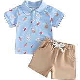 Bagilaanoe Toddler Baby Boy Easter Outfit Bunny Carrot Print Button Up Short Sleeve T-Shirt Top+ Solid Shorts Set