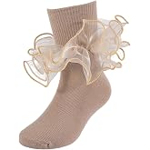 MKYSZLT Girls Ruffle Socks Double Lace Turn Cuff Frilly Church Dress Socks | 1 Pair Toddler Kids Soft Cotton Fancy Pageant Princess Crew Socks for Easter Flower Girl Back School Wedding Party Daily Wear