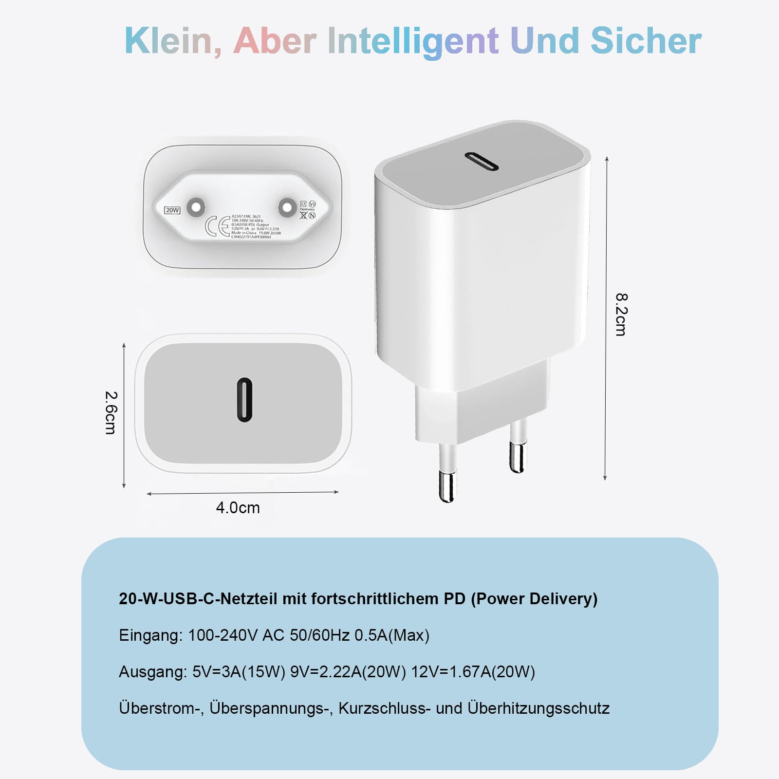 20W USB‑C Power Adapter für Apple, USBC Netzteil Stecker Schnellladegerät Ladestecker Ladegerät für iPhone 17 16 15 14 13 12 11/16 17 Pro/15 16 Pro Max/16 15 Plus /13 12 Pro Max/Mini, iPad, AirPods 9