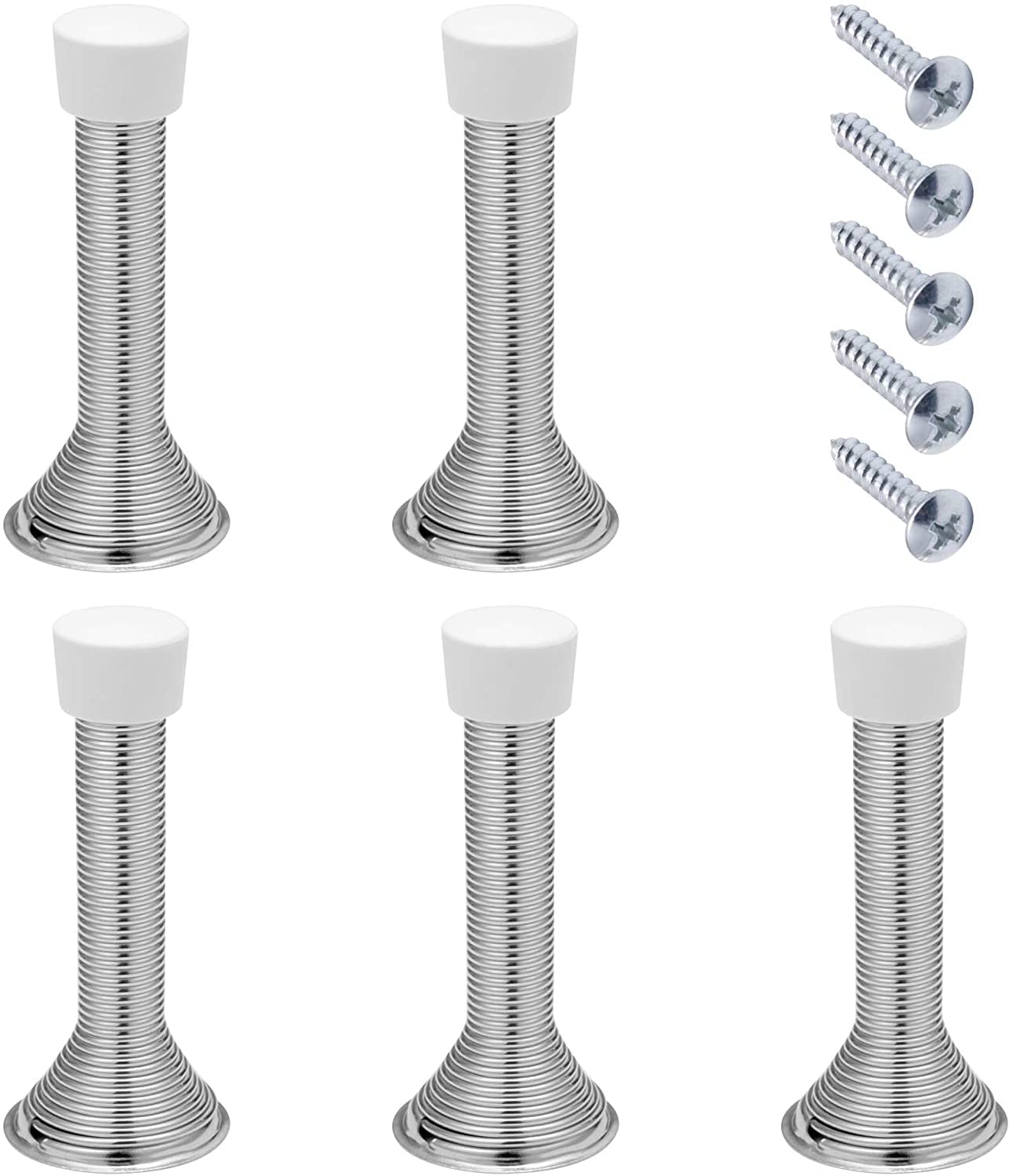 Spring Door Stop Metal Door Stoppers 5 Pack 85 mm with Screws and Base Plate (Silver)