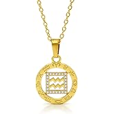 Giorgio Bergamo Stainless Steel Gold Plated Zodiac Amulet Disc Pendant, Astrology, Horoscope, Constellation Cubic Zirconia CZ Necklace, Free Micro Fiber Cloth