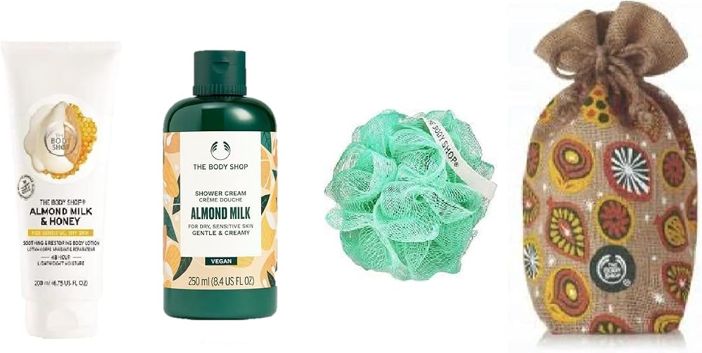 The Body Shop Almond Milk Honey 4 Piece Body Care Gift Set Lotion Shower Gel