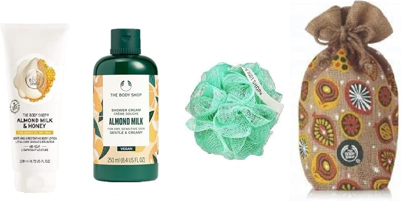 The Body Shop Almond Milk Honey 4 Piece Body Care Gift Set Lotion Shower Gel