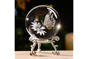 ZRENJHUS 3D Butterfly Crystal Ball Butterfly on Sunflower in Glass Ball 60mm Decorative Glass Ball with Stand Gifts for Women Girlfriend Wife Mom Couple Her