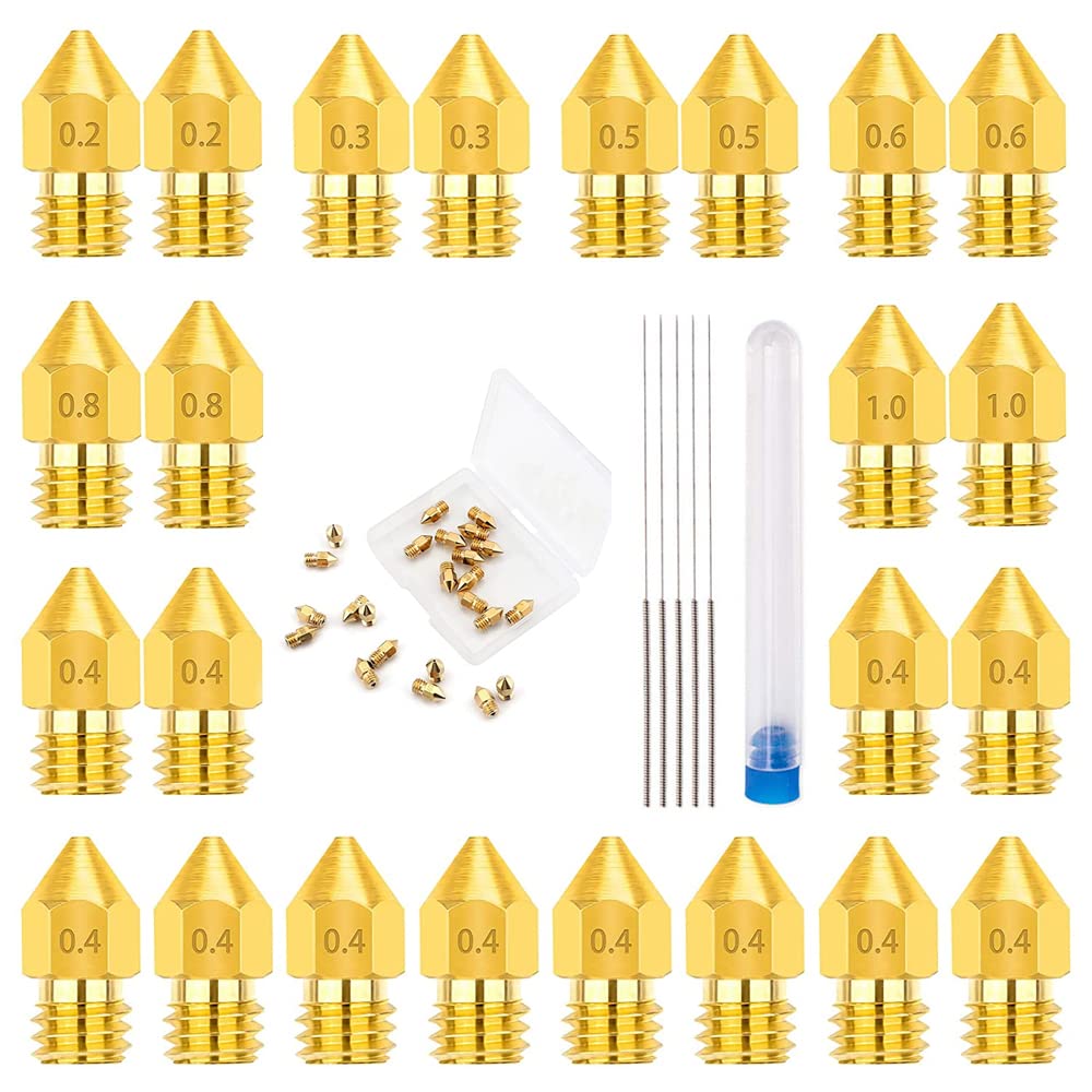 MMOBIEL 24 Pcs 0.2/0.3/0.4/0.5/0.6/0.8/1.0mm Brass MK8 3D Printer Nozzles Extruder Compatible With Creality Ender 3 Series, Ender 5 Series, CR-10/10S, Makerbot, Anet A8 Incl. 3 Cleaning Needles