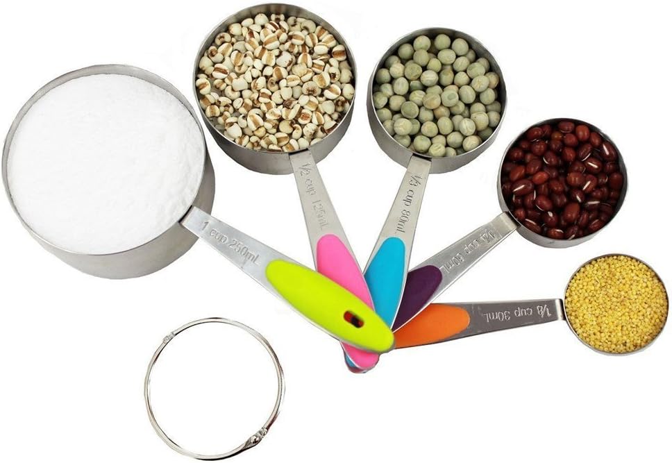 Measuring Cups Set of 5pcs,Stainless Steel Kitchen Measuring Spoons Cups for Baking Cooking with Silicone Handles and Engraved Measurement