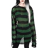 Vinsekep Women's See Through Hole Ripped Striped Long Knit Pullover Dress Sweaters Shirt