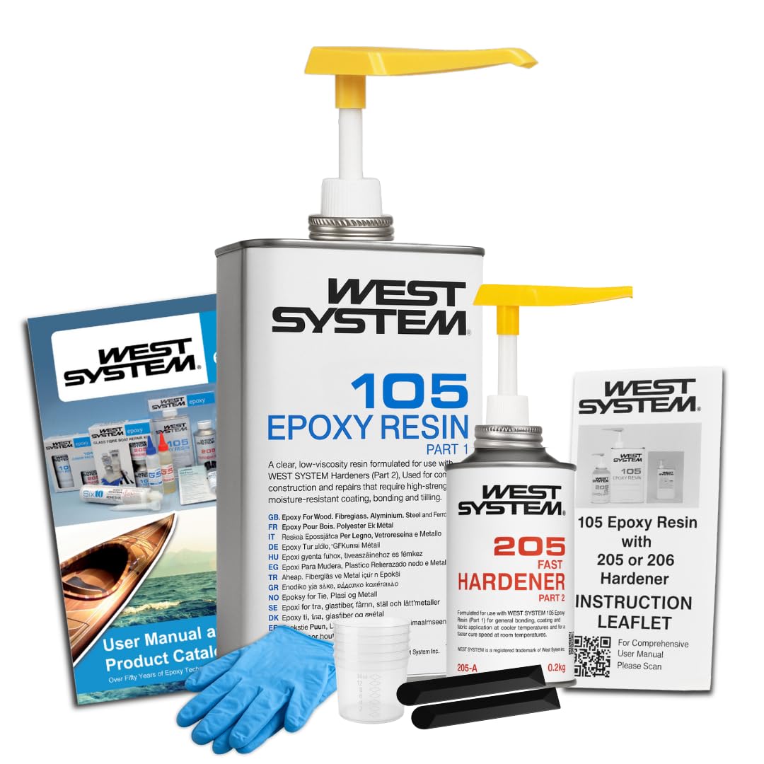 WEST SYSTEM Epoxy Resin & Hardener Starter Pack - 105/205 Pack - Marine Grade Epoxy for Wood, Metal & Fibreglass, Suitable for Outdoor Use, Furniture & DIY – Ideal for Polyester Surfaces & Gap Filling