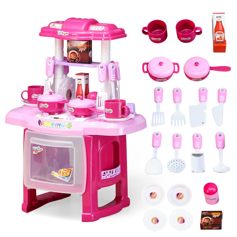 EVERGD Kids Pretend Play Kitchen Toy Set 24 Accessories Toy Miniature Kitchen Cookware Playset Role Playing with Realistic Cooking Light and Sound Gifts for Kids Ages 3+ (Pink)