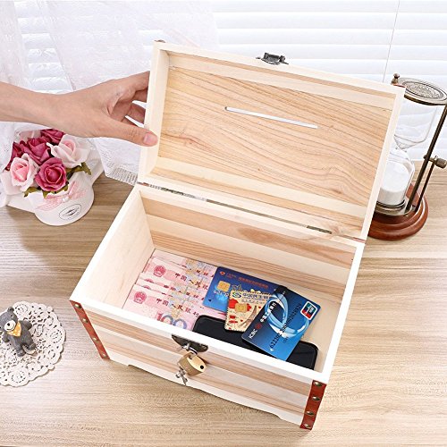 Willcomes Wooden Money Storage Box Treasure Chest Piggy Bank Handmade Jewelry Organizer with Lock and Two Keys