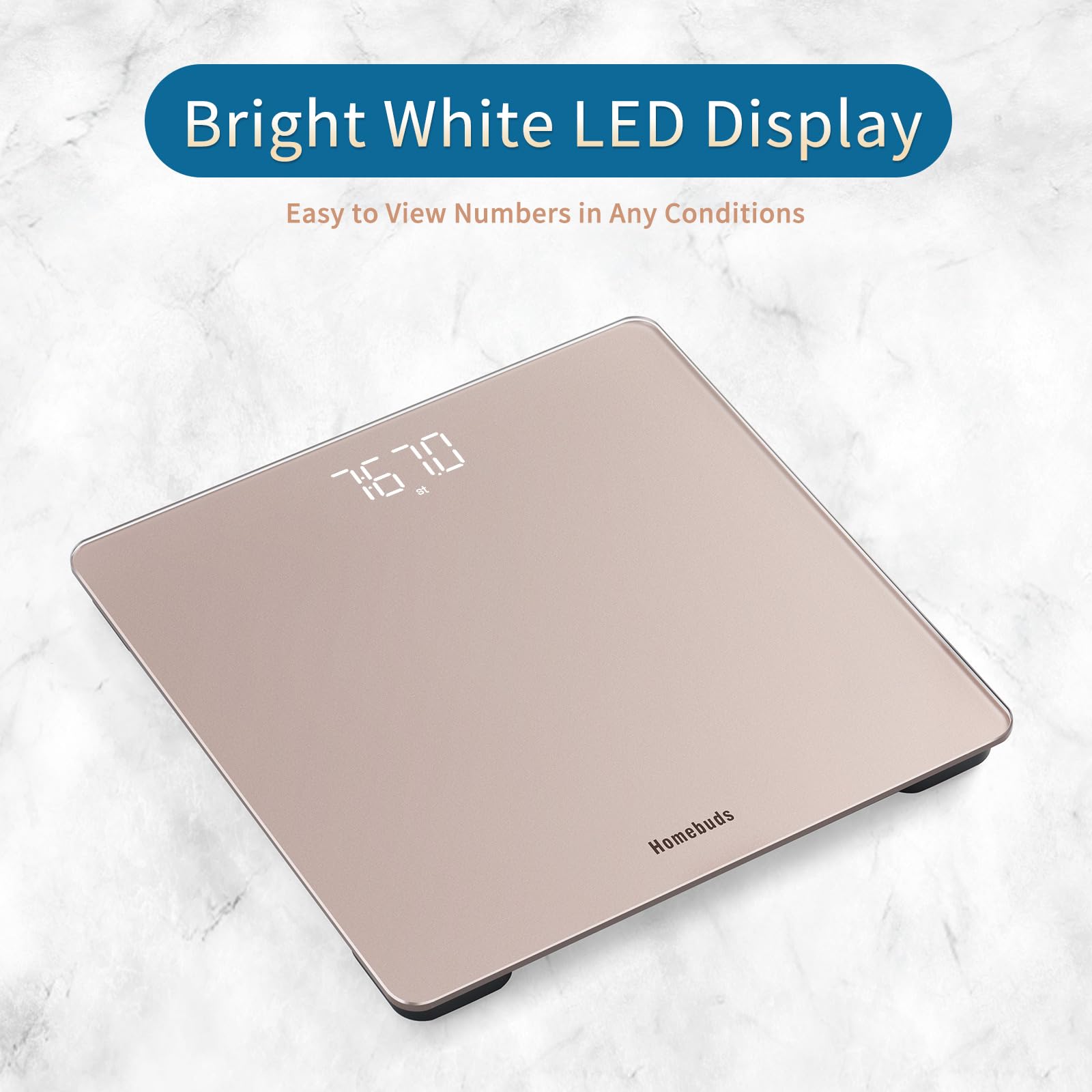 HomeBuds Digital Bathroom Scale for Body Weight, High Precision Assured by Weight Scale Professional Factory Since 2001, Bright White LED and Step-On, 3*AAA Batteries Included, 400lb/182kg, Rose Gold