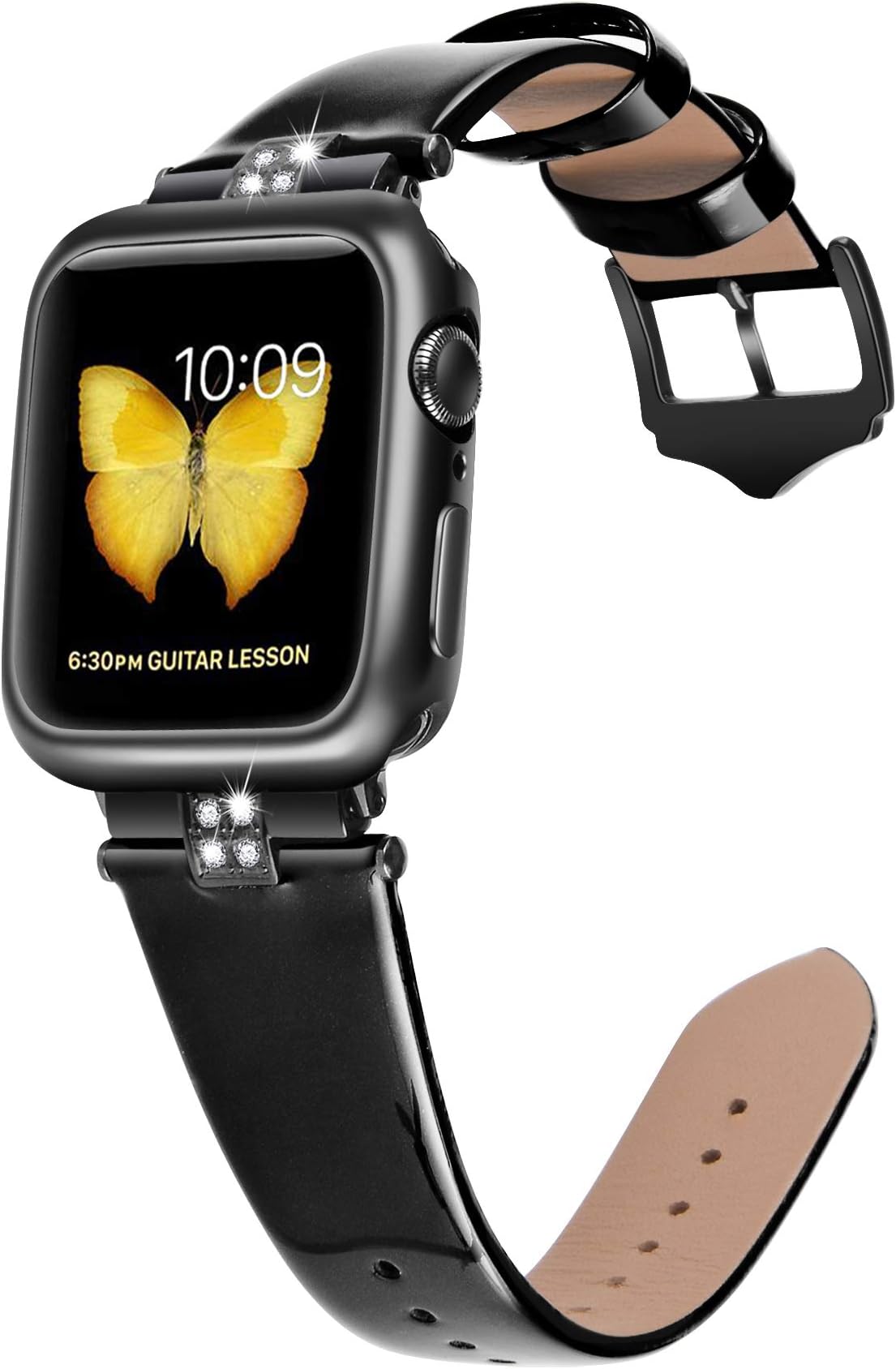 JSGJMY Compatible with Apple Watch 38mm 40mm 42mm 44mm Women Shiny Patent Genuine Leather Strap with Diamond Rhinestone for iWatch Series 5 4 3 2 1 (Black/Black, 38mm/40mm)