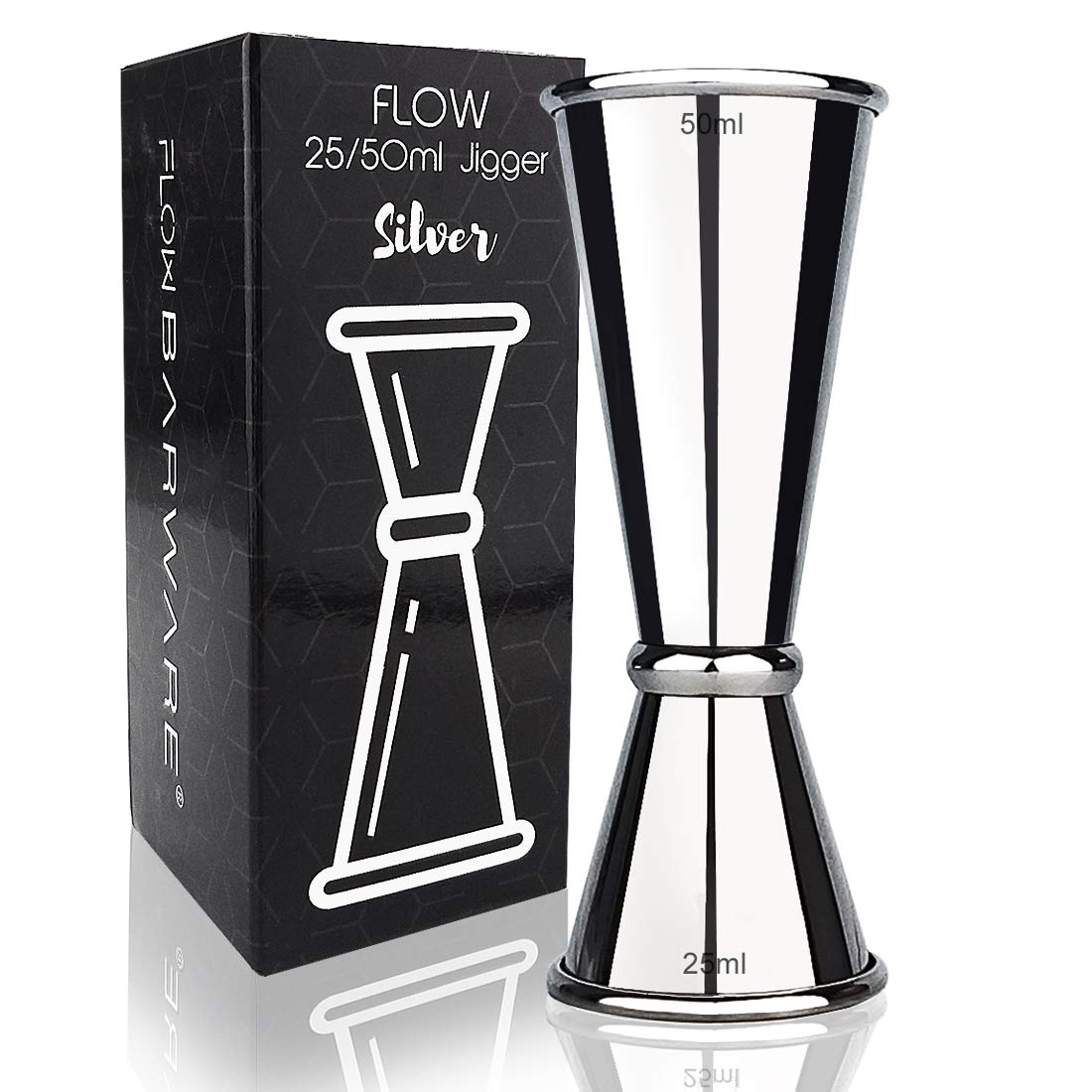 FLOW Barware Spirit Measure | 4-in-1, Shot Measures for Spirits, 25ml, 50ml, 15ml, 35ml, in One Cocktail Jigger & Alcohol Measuring Cup | Drinks Measures for Spirits | Silver Spirit Measure