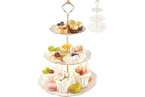 DUJUST Luxury Porcelain 3-Tier Cupcake Stand Tower, British Style Serving Tray with Golden Trim, Food Grade Dessert Display S