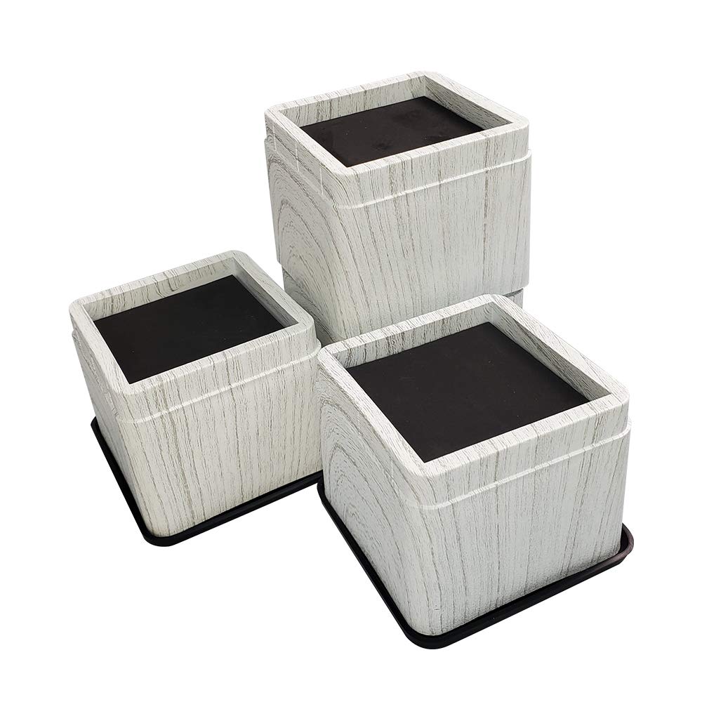 Miix Hoom-Heavy Duty Square Bed Risers White Wooden Color,ABS Plastic,Elevator Up to 3 inch Per Riser for Furniture Desk Table Bed Chair,Stackable Adjustable,1 Set of 4 Pcs