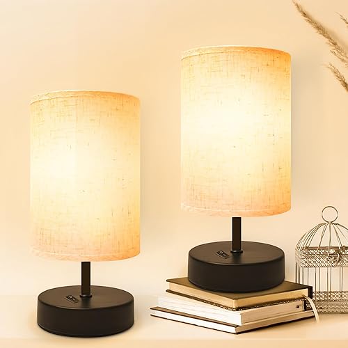 DEGNJU Small Table Lamp, Minimalist with Flaxen Shade, 9 Inch Design for Bedroom & Dorm Room, 2 Pack