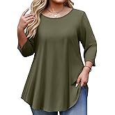 Womens Shirts Crew Neck 3/4 Length Sleeve Womens Tops Plus Size Tunic Loose Fit Casual T-Shirt Blouses