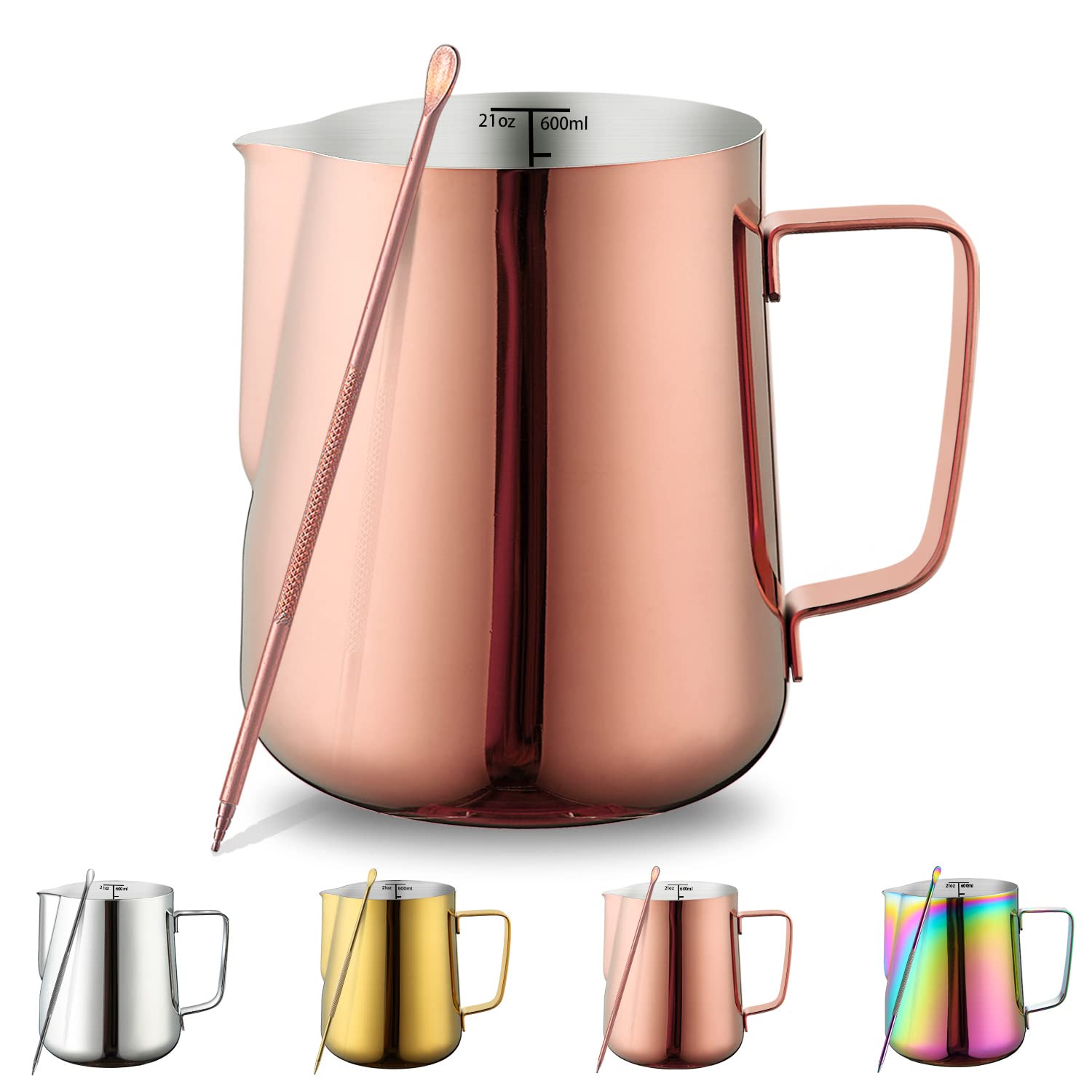 Milk Jug 21oz 620ml, Kyraton Stainless Steel Espresso Steaming Pitchers with Decorating Pen, Milk Frother Jug Cappuccino Latte Art Barista Steam Pitchers Milk Jug Cup (Rose Gold)