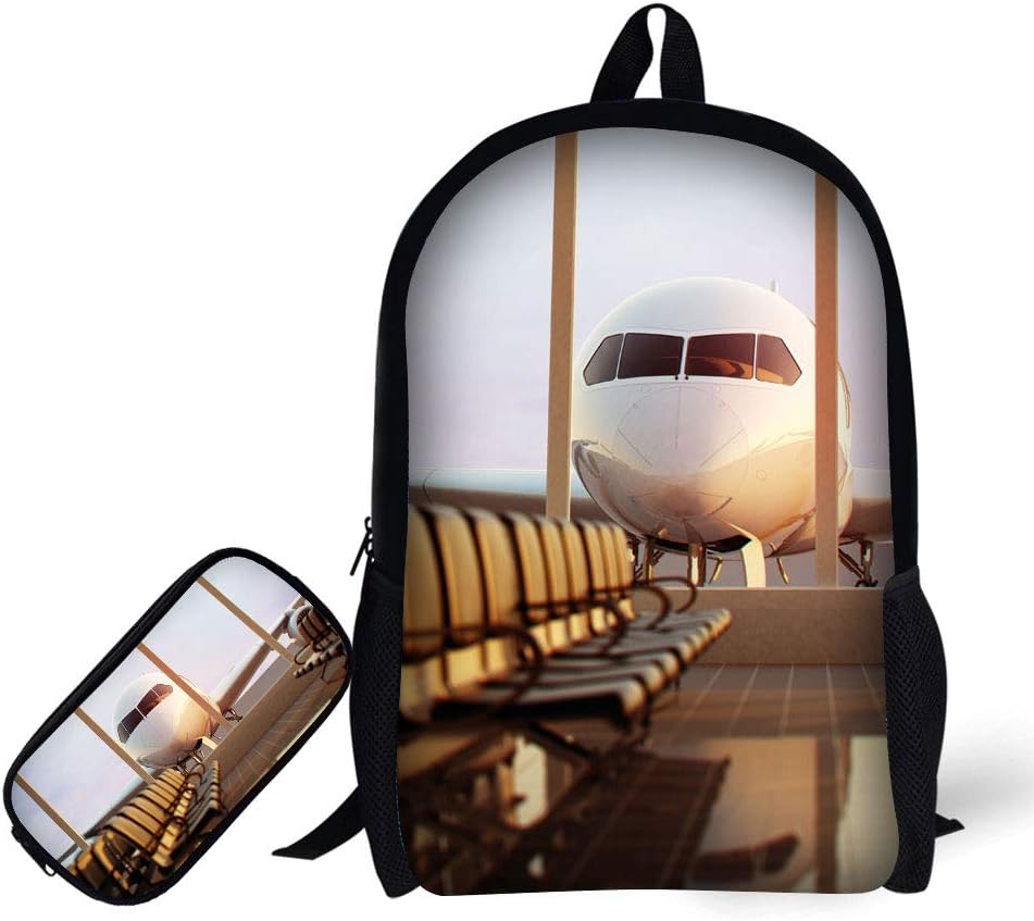 Students Backpack with Pencil Bag，17" Bookbag 3D Airplane Print for Kids