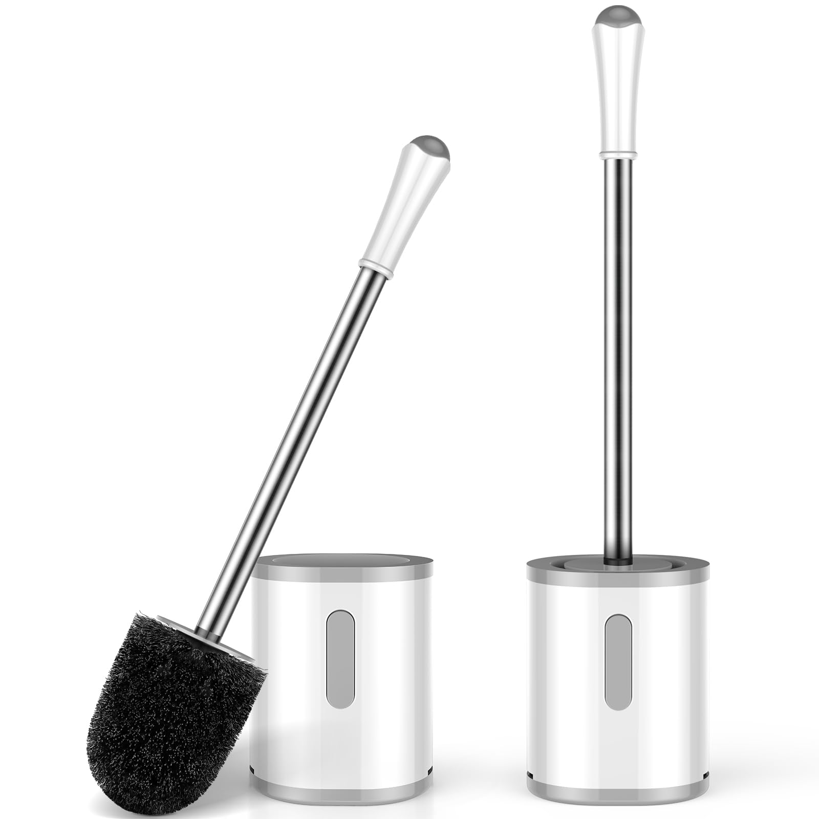 Toilet Brush and Holder Set, 2 Pack with Stainless Steel Handle Toilet Bowl Brush, Compact Toilet Scrubber Brush for Deep Cleaning Bathroom Restroom, Easy to Assemble White & Gray