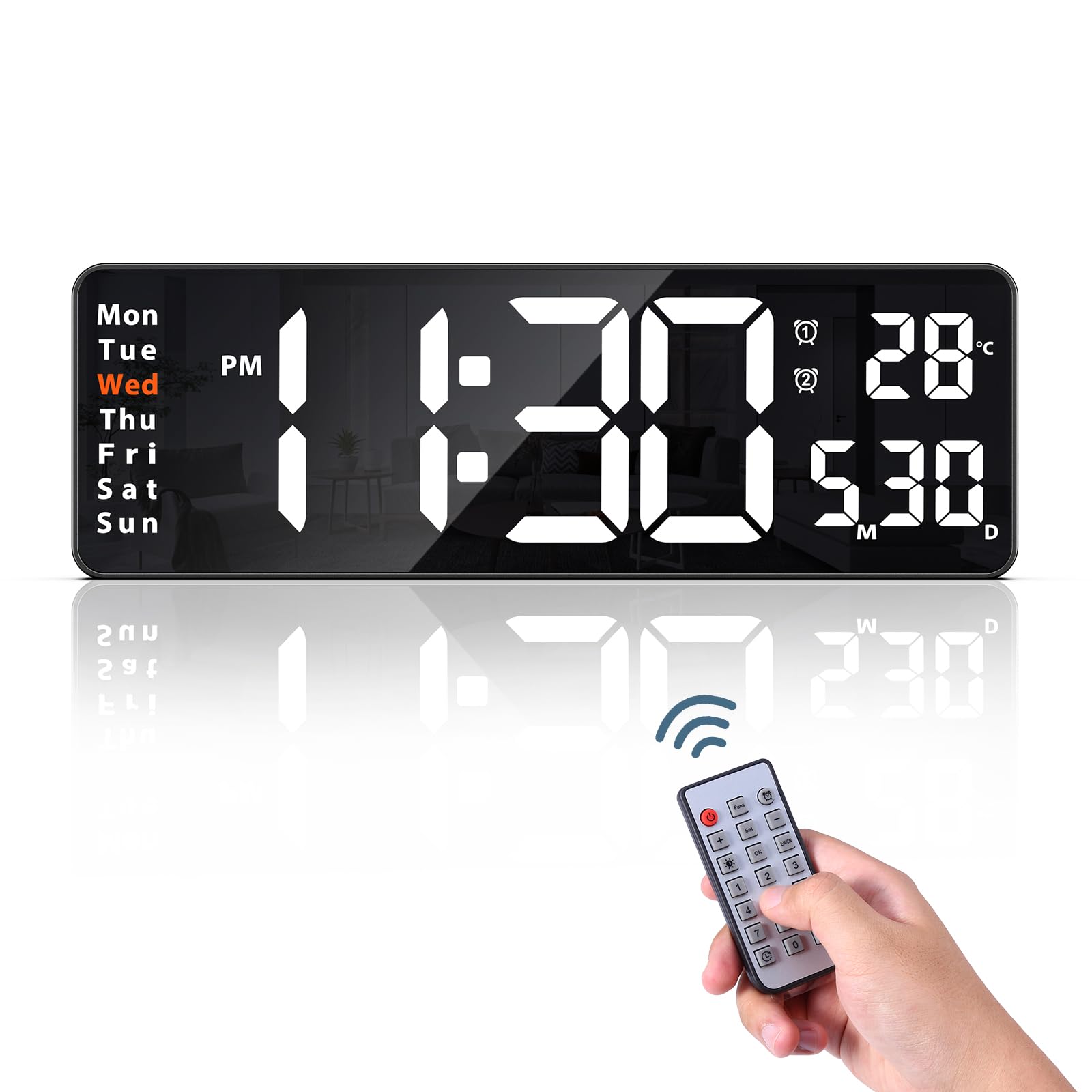 Ankilo 16'' Digital Wall Clock with Remote Control, Large Display Alarm Clock with Big Digits, Auto-Dimming, Timer, DST, Silent Big Desk Clock for Living Room Gym