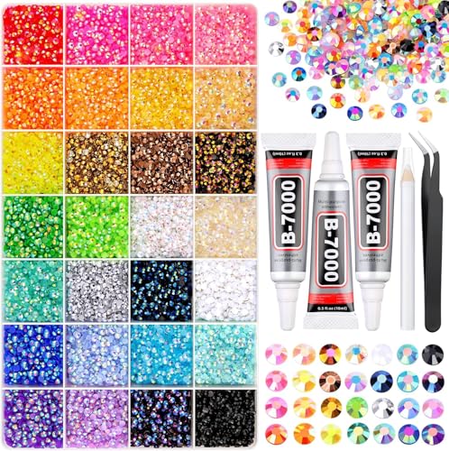 Photo 1 of 36000Pcs Resin Rhinestones with Tweezers for Bedazzling, Multicolor 3mm Crystal with 3Pcs 10ml B7000 Jewelry Glue for Bedazzled Nail Art Crafting Makeup