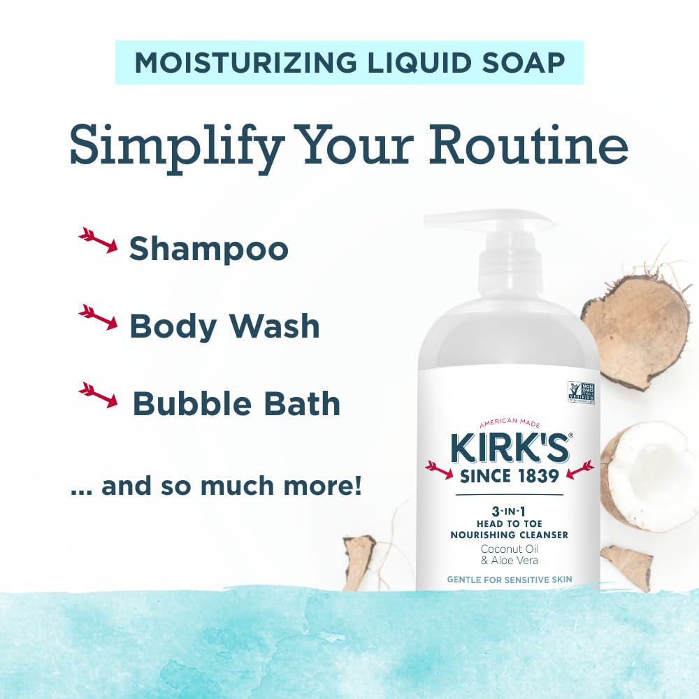 Kirk's 3-in-1 Head to Toe Nourishing Cleanser & Travel Size Bar Soap - for Men, Women & Children, Made with Premium Coconut Oil and Aloe Vera, Non-GMO & Vegan, Fragrance Free, 32 Fl Oz.