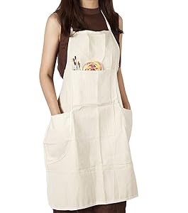 CONDA Cotton Canvas Professional Bib Apron With 4 Pockets for Women Men Adults,Waterproof,Natural 31inch By 27inch