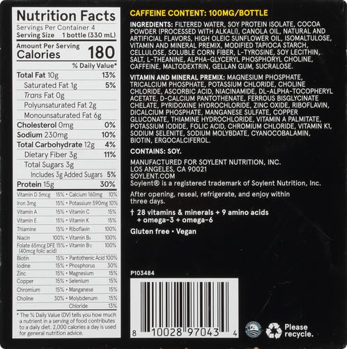 SOYLENT COMPLETE ENERGY, 15G COMPLETE PROTEIN, 15 BRAIN BOOSTING NUTRIENTS, 100MG CAFFIENE + L-THEANINE, 15% VITAMINS AND MINERALS, 11 OZ (4 PACK)