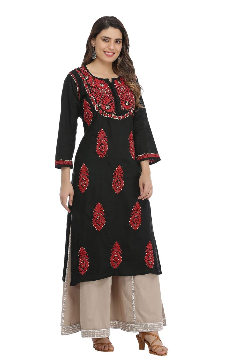 ada hand embroidered lucknow chikan regular wear cotton kurti kurta (a373637_black)