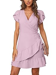 SAMPEEL Womens Tie Waist Summer Dress V Neck Petal