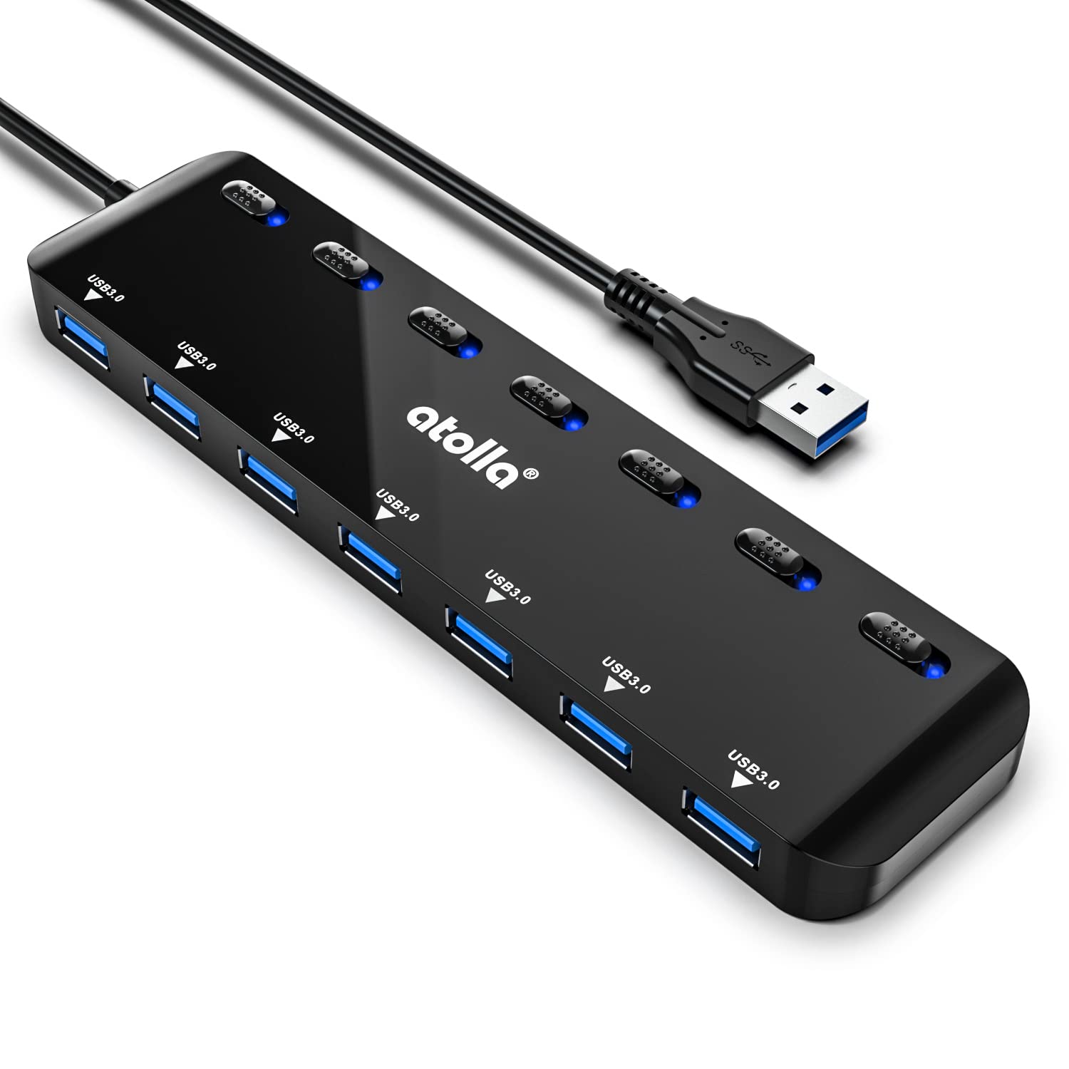 USB HUB, atolla USB Verteiler mit 7 USB3.0 Ports, Mehrfach USB 3.0 Daten Hub mit 100cm Erweitert Kabel und Individuellen LED EIN/Aus-Tasten für Laptop PC