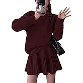 CHARTOU Women Sweater Skirt 2 Pieces Outfits Oversized Pullover Sweater and Pleated Mini Skirt