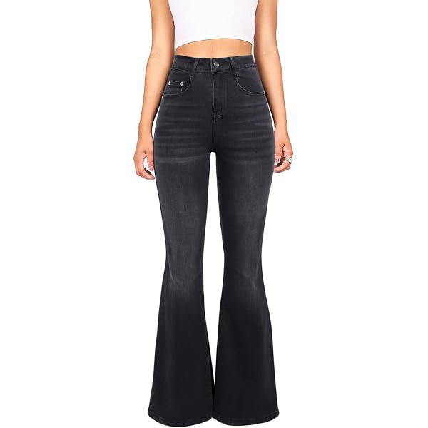 FYEARFOX Women's Destroyed Ripped Denim Bell Bottom Flare Jeans – Raw Hem, Frayed Details, Black, X-Large (Check Size Chart) - View #12