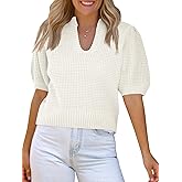 Saodimallsu Womens Puff Short Sleeve Sweater Top Waffle Knit V Neck Spring Summer Cropped Trendy Cute Shirts Blouses