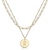 Valloey Rover Initial Necklaces for Women 14K Gold Plated Dainty Letter Necklce Round Coin Disc Pendant Double Side Engraved A-Z Necklace Personalized Jewelry Gift for Women