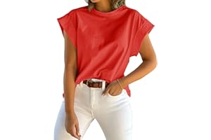 Tankaneo Womens Summer Cap Sleeve Tank Top Crew Neck Solid Casual Loose Fit Basic Tee Shirt