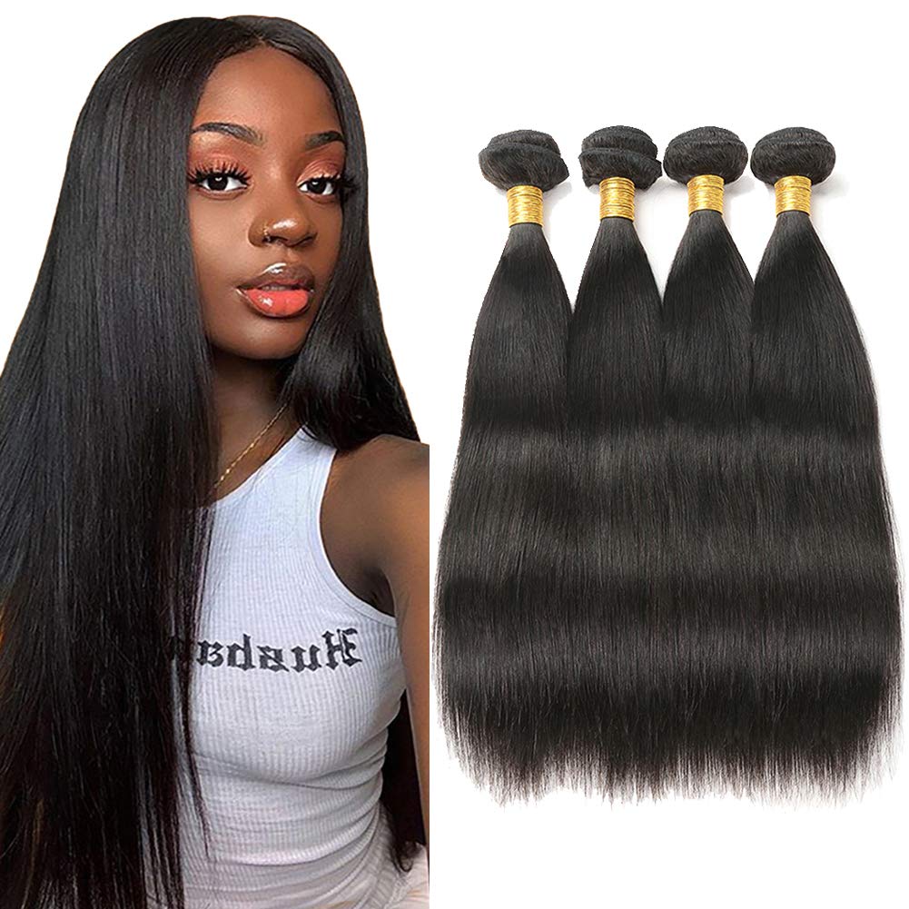 SAJANDAS Brazilian Straight Bundles, 9A Grade Straight Human Hair Bundles, 100% Unprocessed Straight Human Hair 4 Bundles Weave Weft Natural Color (24 26 28 30 Inch)