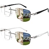 MAEOWN Photochromic Progressive Multifocal Reading Glasses For Women Men | Blue Light Blocking Readers,UV400 Protection,Rimless Design,Metal Nose Pads,Mix Color,2 Pack,Strength 1.0-4.0,Lightweight