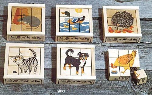 Atelier Fischer Wooden Block Cube Puzzle in Wooden Case - Domestic Animals (9 Pieces)